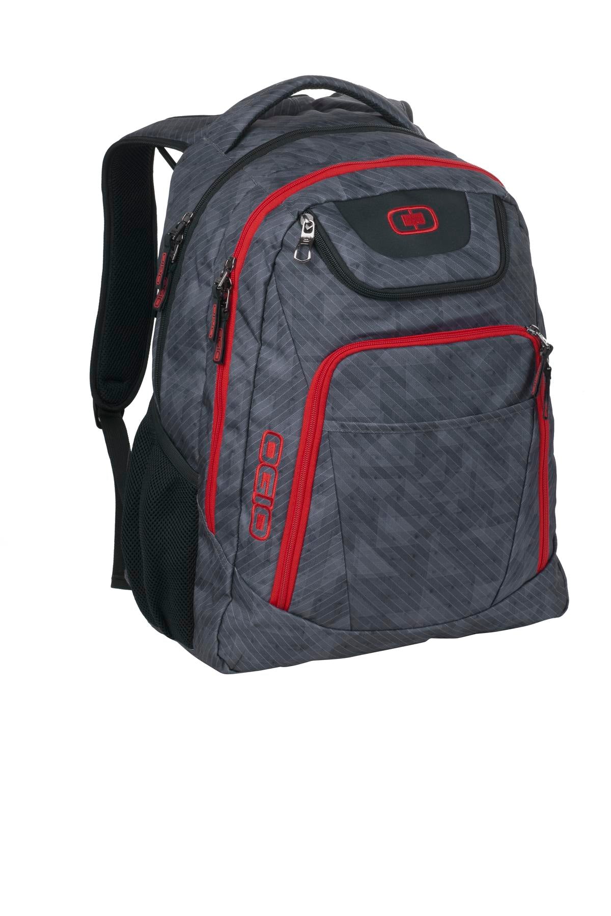 OGIO Excelsior backpack in red with flat front design, featuring multiple compartments and padded shoulder straps.
