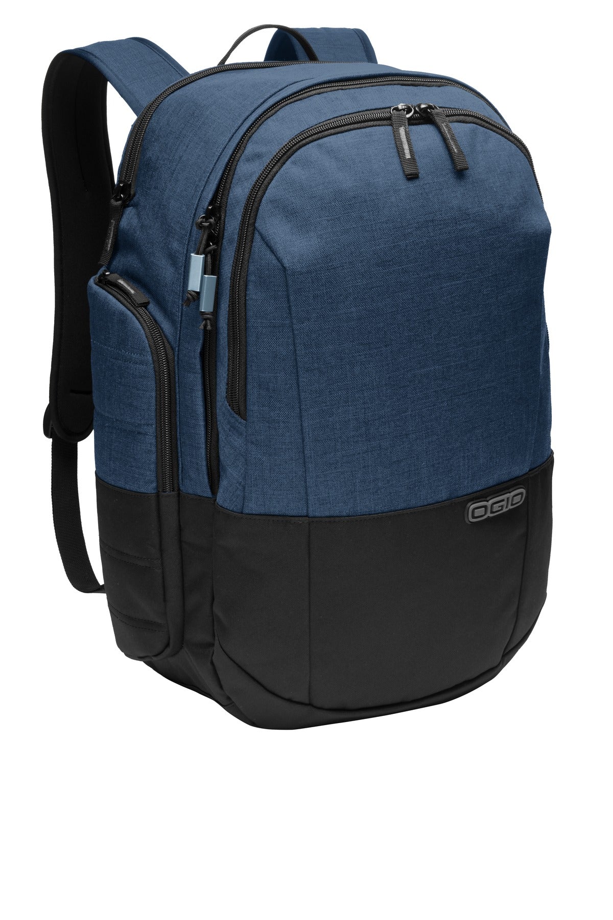 OGIO Rockwell backpack in navy with flat front pocket and padded straps, designed for durable daily use.