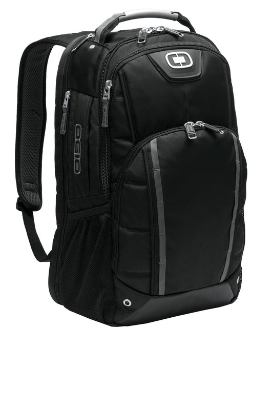 Black OGIO Bolt Pack backpack with front zipper pocket and padded shoulder straps, designed for everyday use.