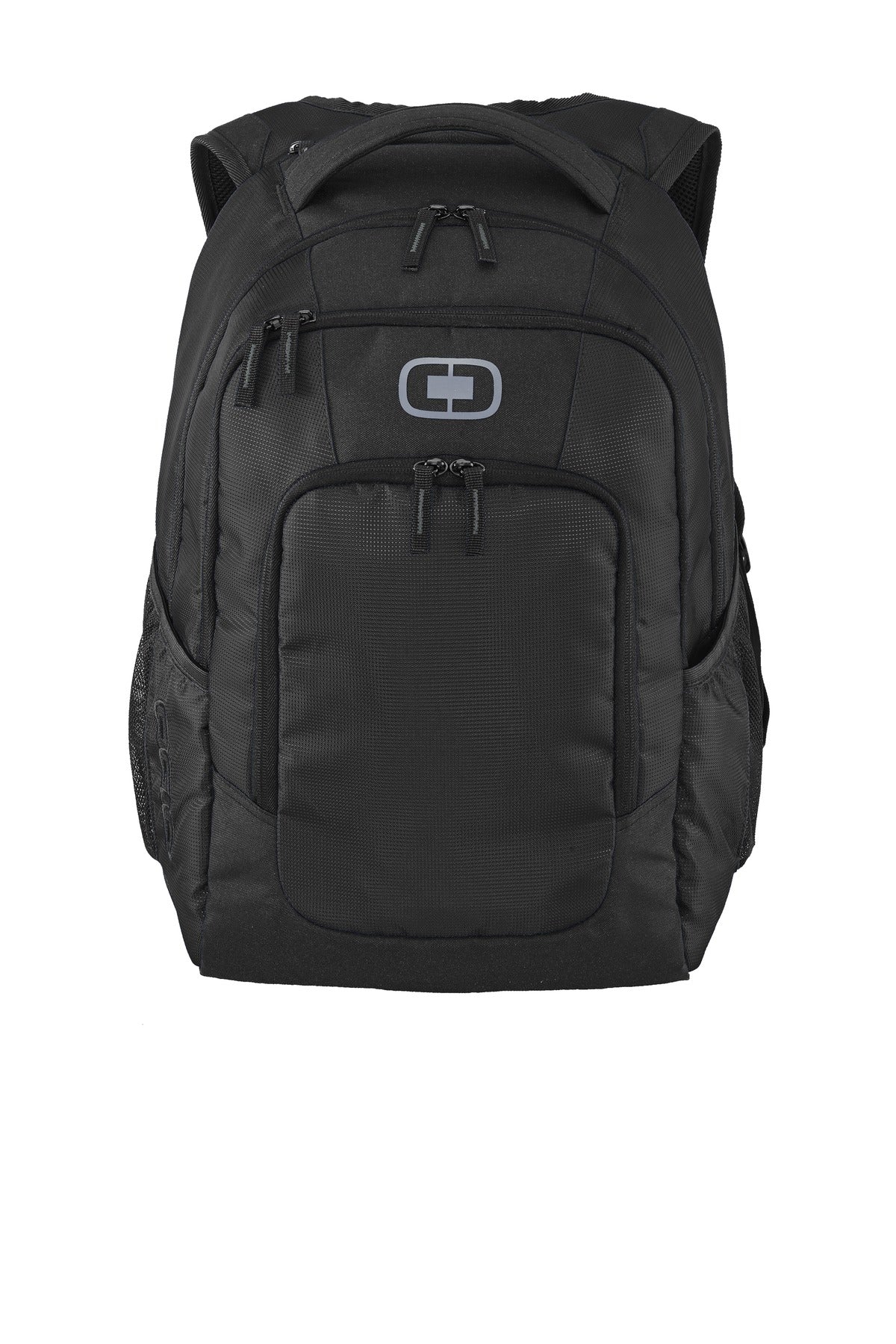 Black OGIO Logan Pack with front zipper pockets and padded shoulder straps, designed for comfortable everyday carrying.
