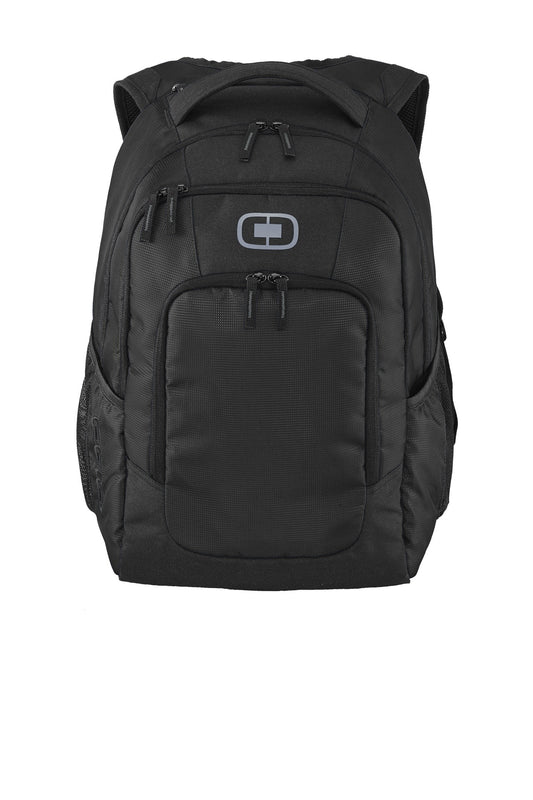 Black OGIO Logan Pack with front zipper pockets and padded shoulder straps, designed for comfortable everyday carrying.