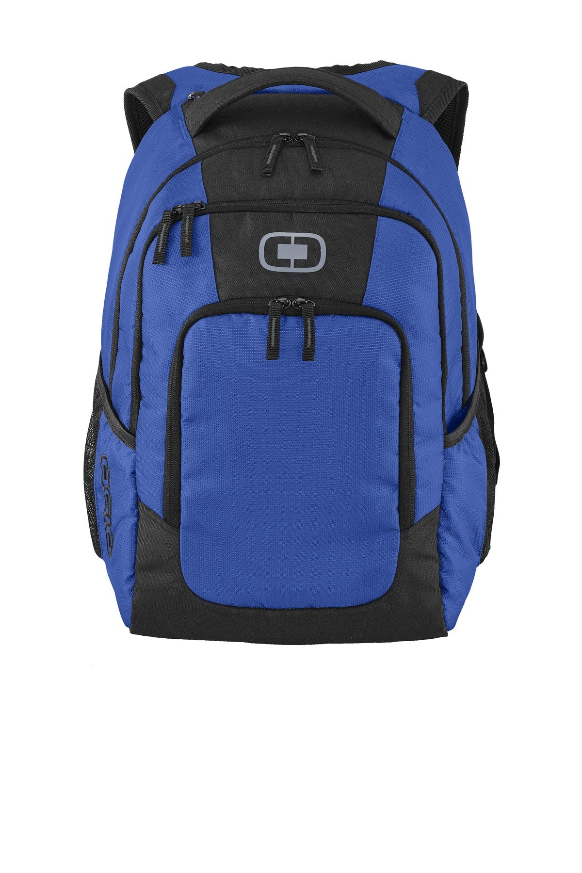 OGIO Logan Pack in cobalt, featuring multiple compartments and padded straps, displayed from the full front view.
