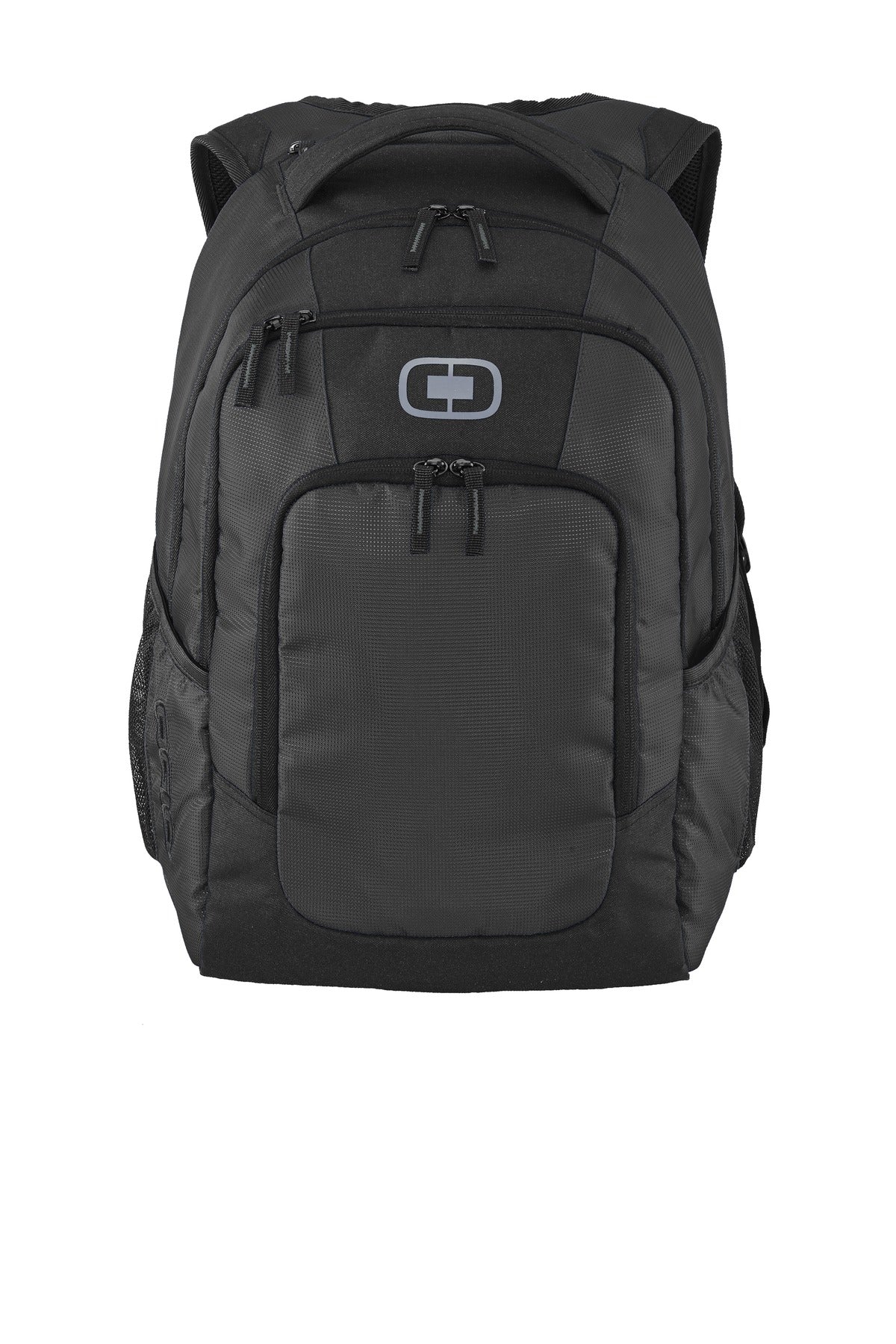 OGIO Logan Pack in diesel grey, featuring multiple compartments and padded shoulder straps, full front view.