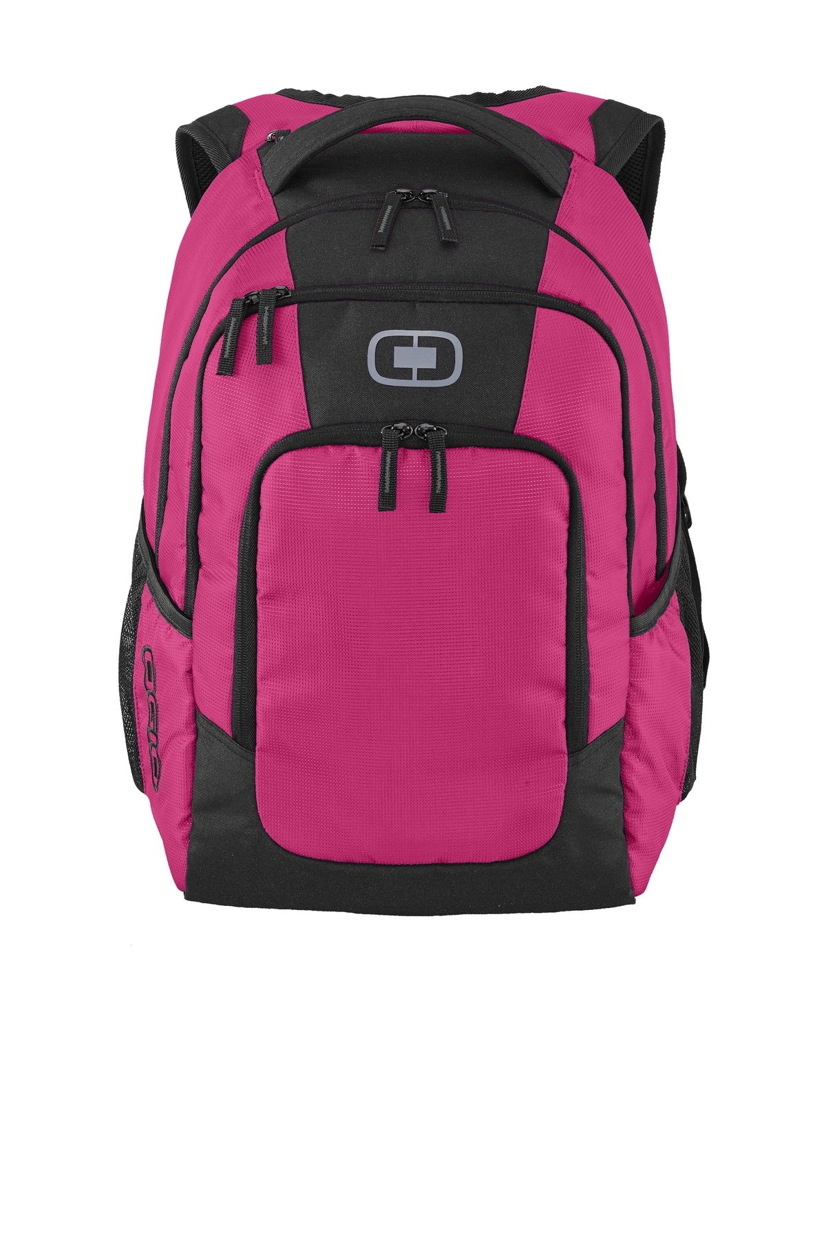 OGIO Logan Pack in pink with front view, showcasing multiple compartments and padded shoulder straps for comfortable carrying.