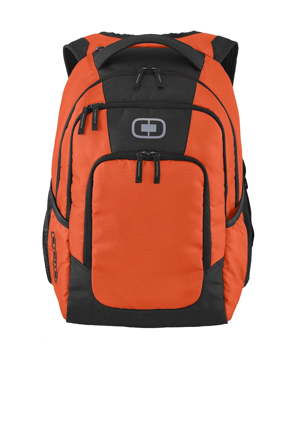 OGIO Logan Pack in hot orange color, front view showing multiple compartments and adjustable straps for versatile carrying.