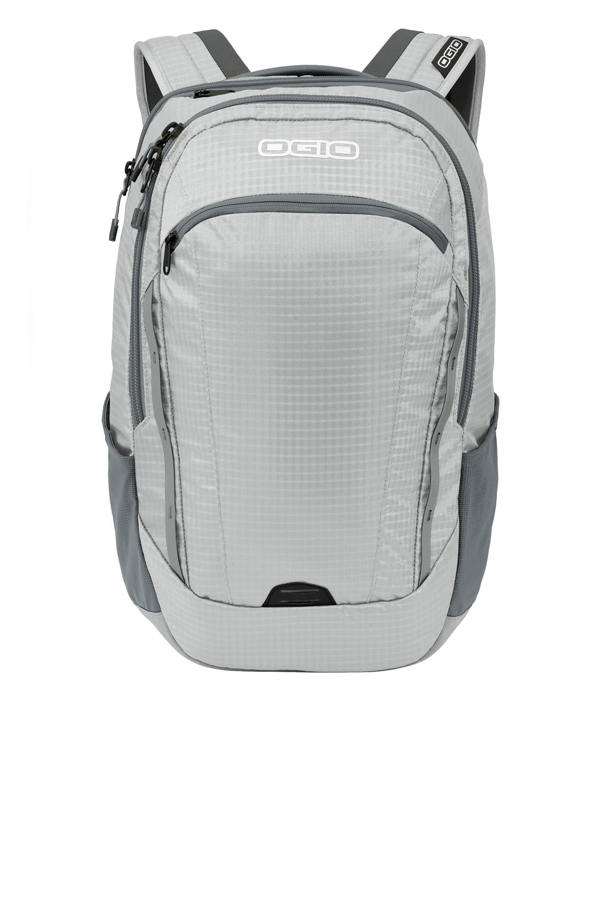 OGIO Shuttle Pack in harbor grey with silver accents, front view showing multiple compartments and padded shoulder straps.