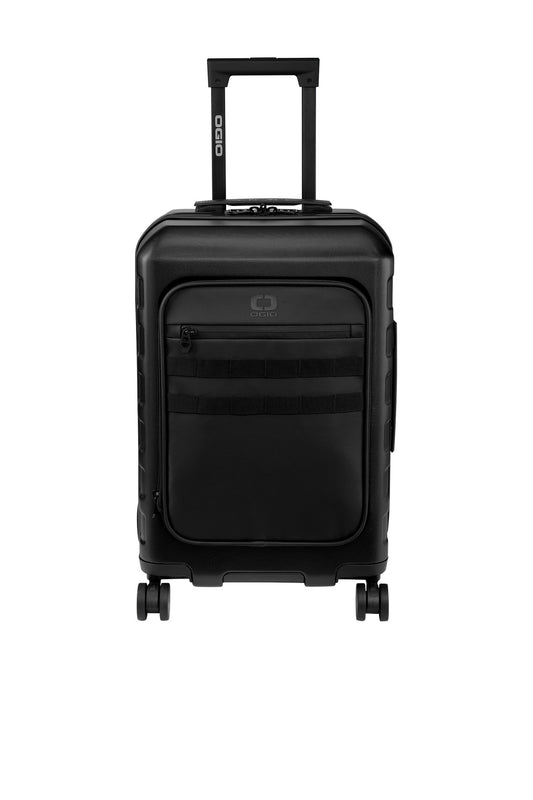 Black OGIO Utilitarian Carry-On Spinner luggage with four wheels and a sleek, flat-top design for easy traveling.