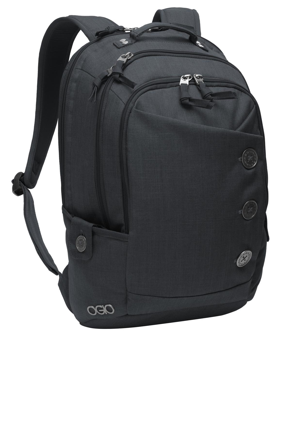 OGIO Ladies Melrose Pack in storm grey, showing front view with adjustable straps and multiple compartments for everyday use.
