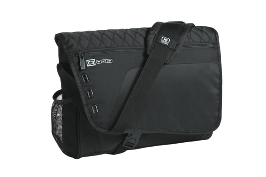 Black OGIO Vault Messenger bag with adjustable shoulder strap and multiple compartments for organized carrying.