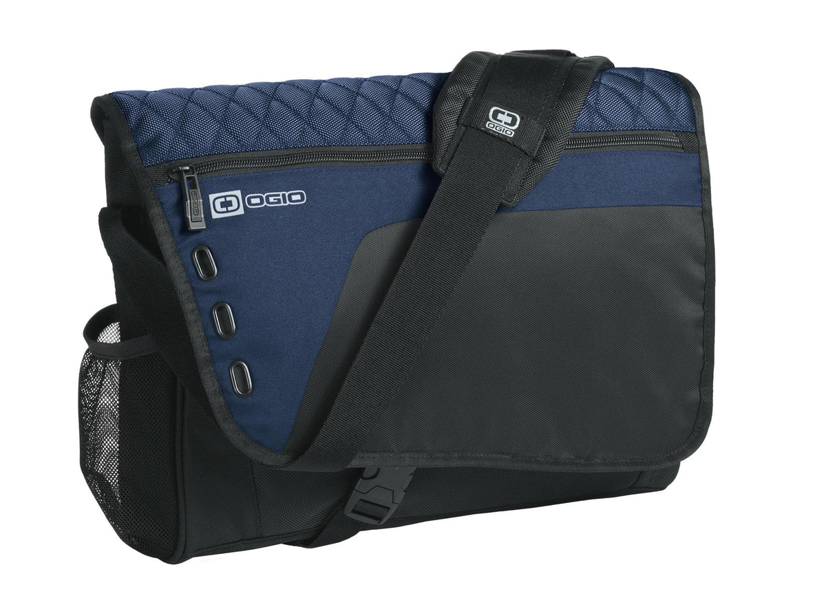 OGIO Vault Messenger bag in navy color with multiple compartments and adjustable strap, designed for daily use and organization.