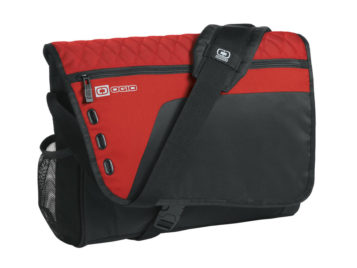 Red OGIO Vault Messenger bag with adjustable shoulder strap and multiple compartments for easy organization.