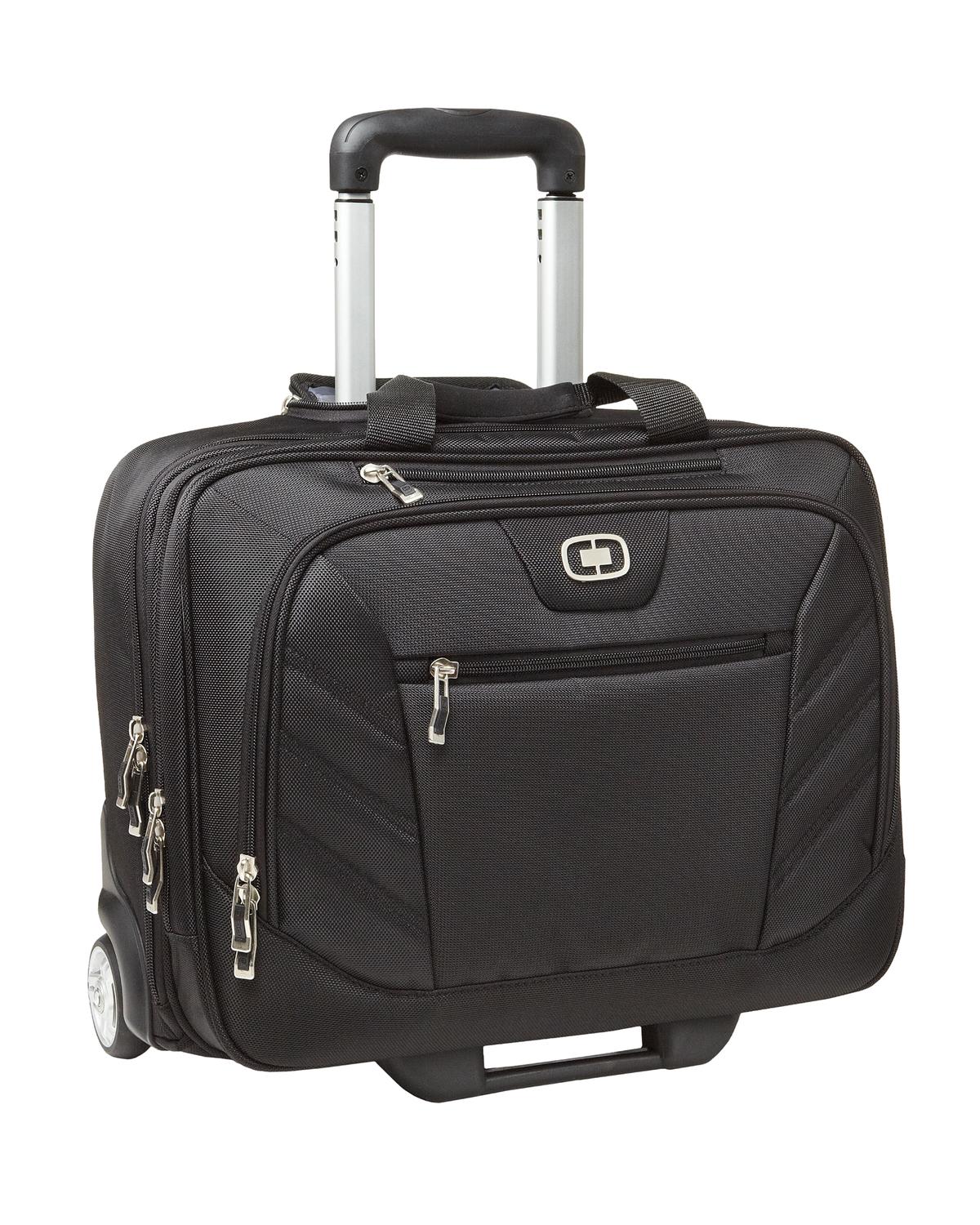 Black OGIO Lucin wheeled briefcase with retractable handle and multiple compartments, designed for professional travel and organization.