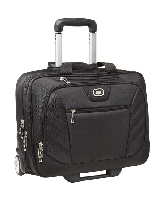 Black OGIO Lucin wheeled briefcase with retractable handle and multiple compartments, designed for professional travel and organization.