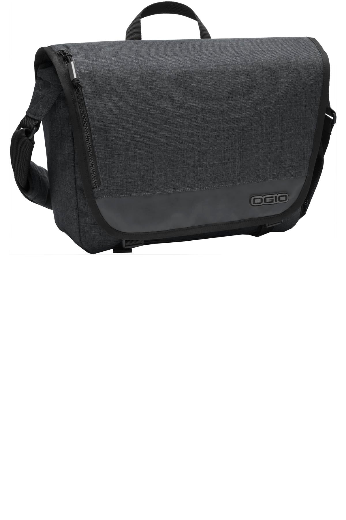OGIO Sly Messenger bag in heather gray with front pocket and adjustable strap, designed for everyday carrying and organization.