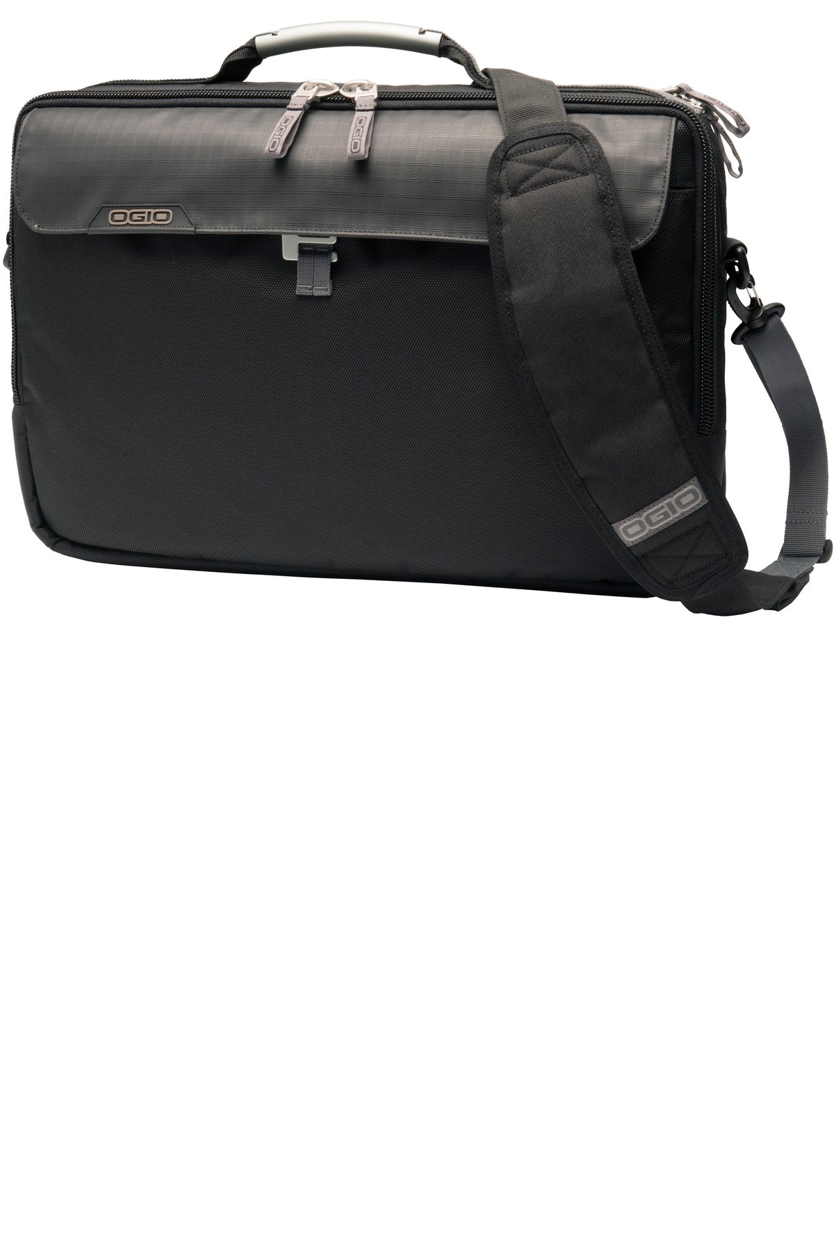 Black OGIO Pursuit Messenger bag with front flap and adjustable strap, designed for stylish daily carrying.