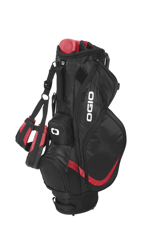 OGIO Vision 2.0 golf bag in black and red with multiple compartments and padded straps, designed for comfortable golf game organization.