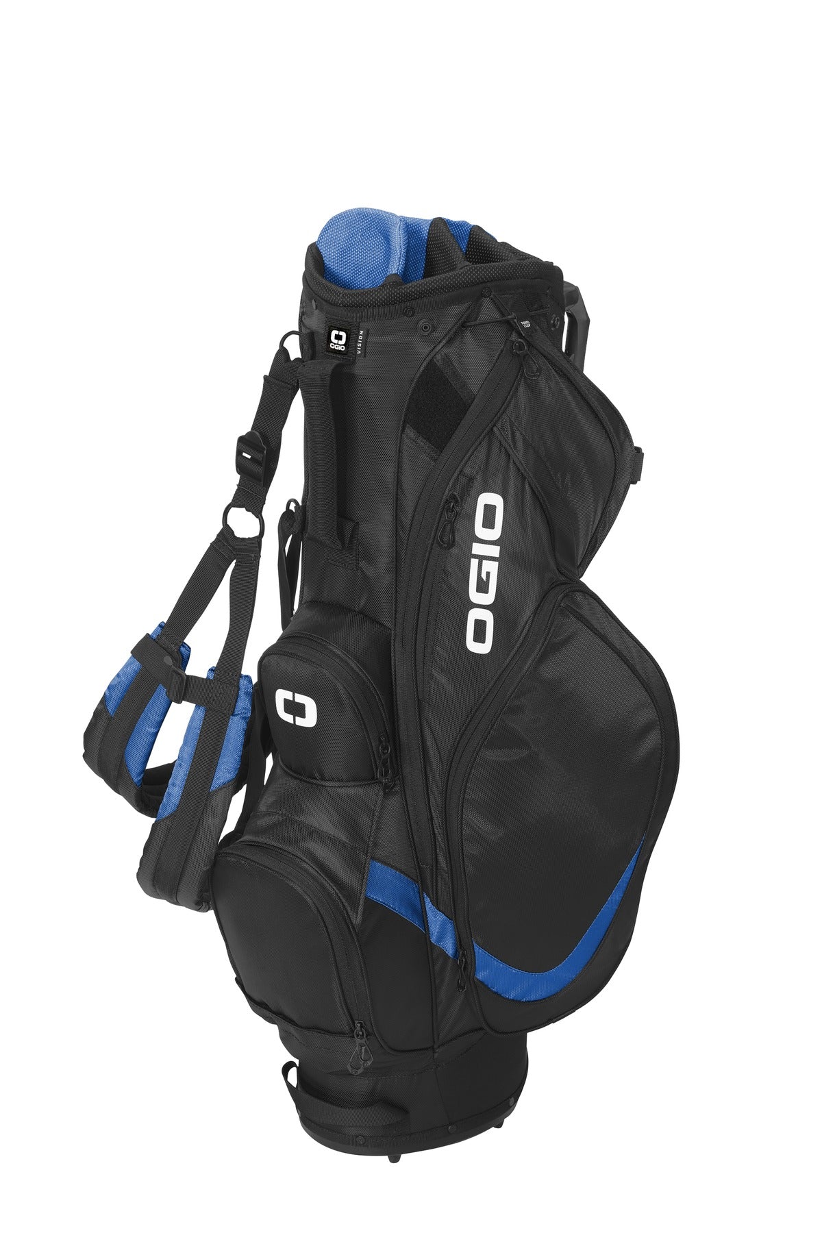 OGIO Vision 2.0 golf bag in black and royal, showing the flat front design with multiple compartments and adjustable straps.
