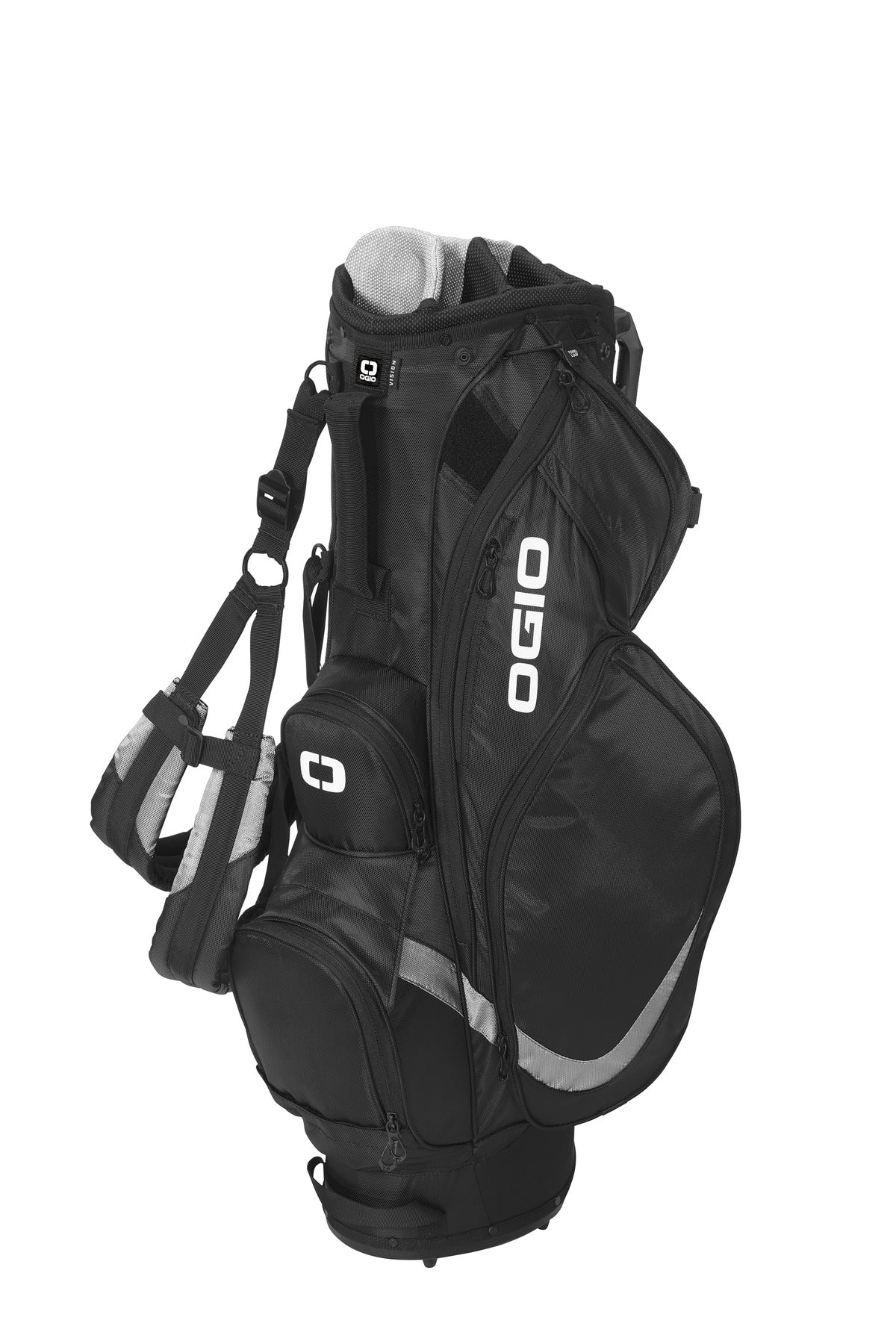 OGIO Vision 2.0 golf bag in black and silver with multiple compartments and padded straps, designed for easy carrying on the course.