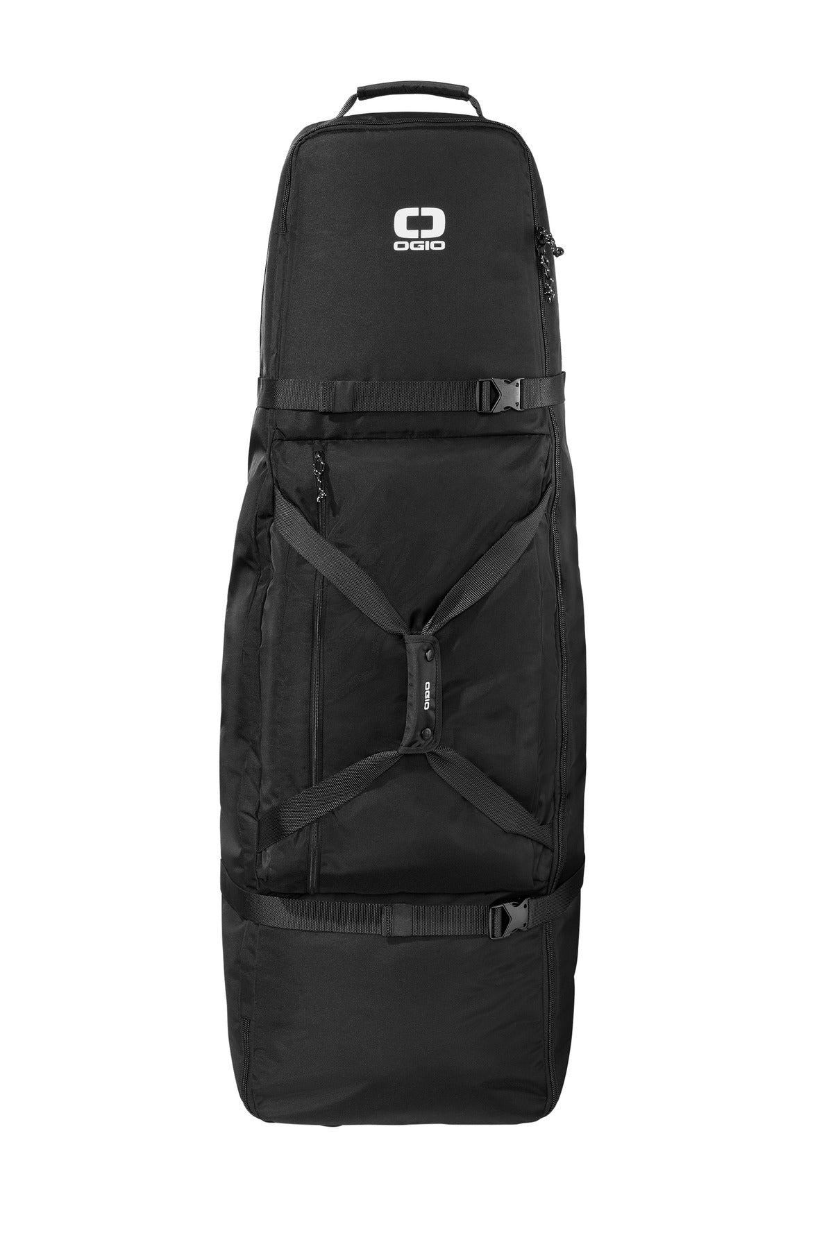 Black OGIO golf travel bag with padded handles and large zippered compartments for easy transport of golf clubs