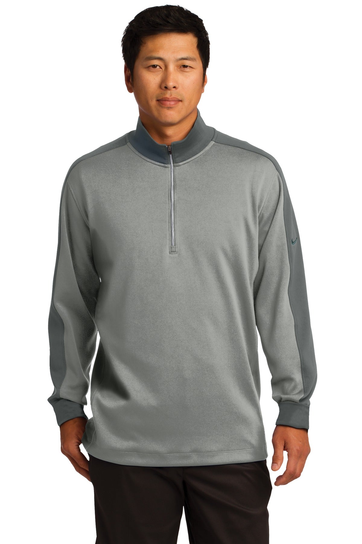 Nike Dri-FIT 1/2-Zip Cover-Up in athletic grey, front view showing lightweight fabric and athletic fit.