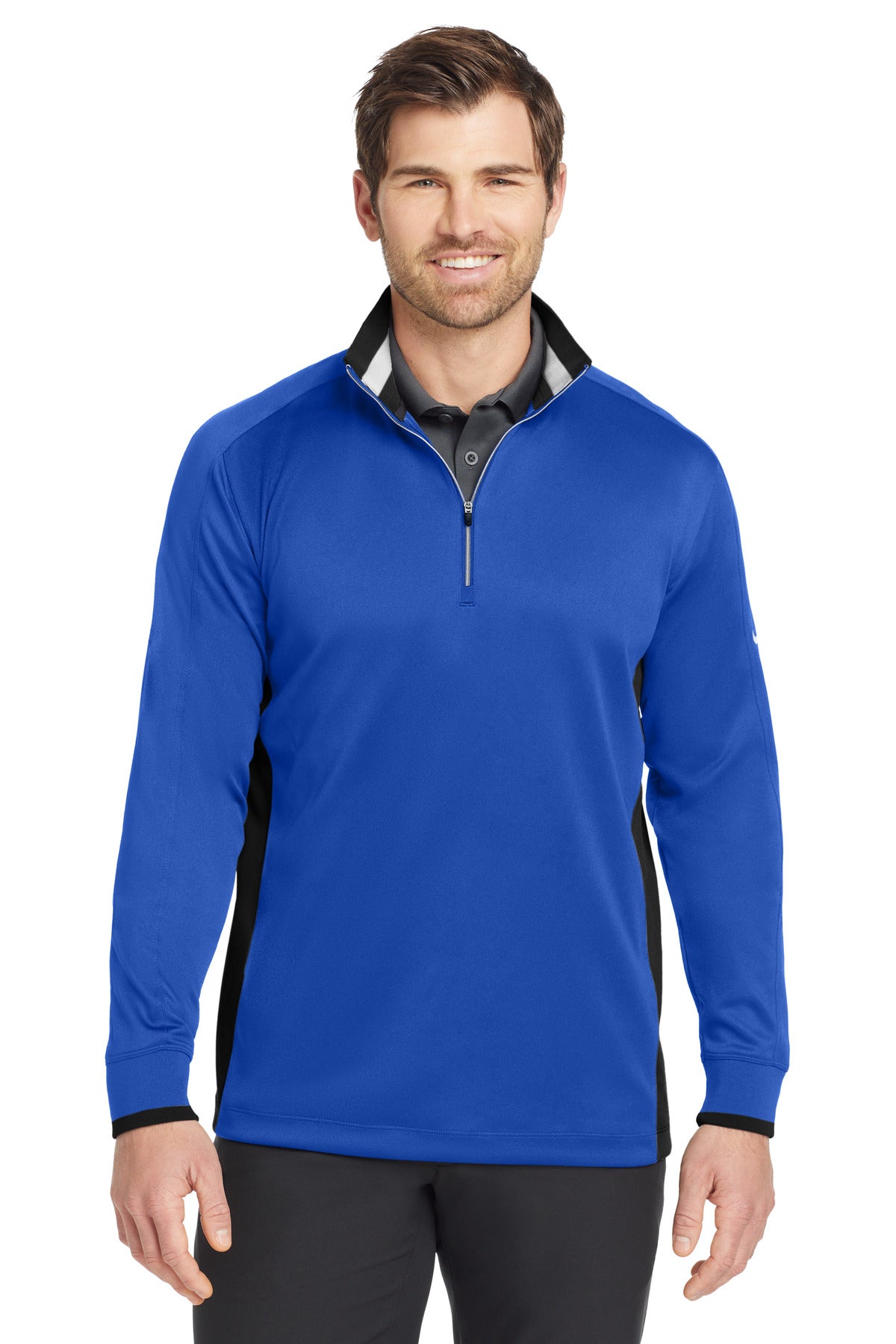 Nike Dri-FIT 1/2-Zip Cover-Up in royal black and white, front view showing lightweight fabric and sporty design.