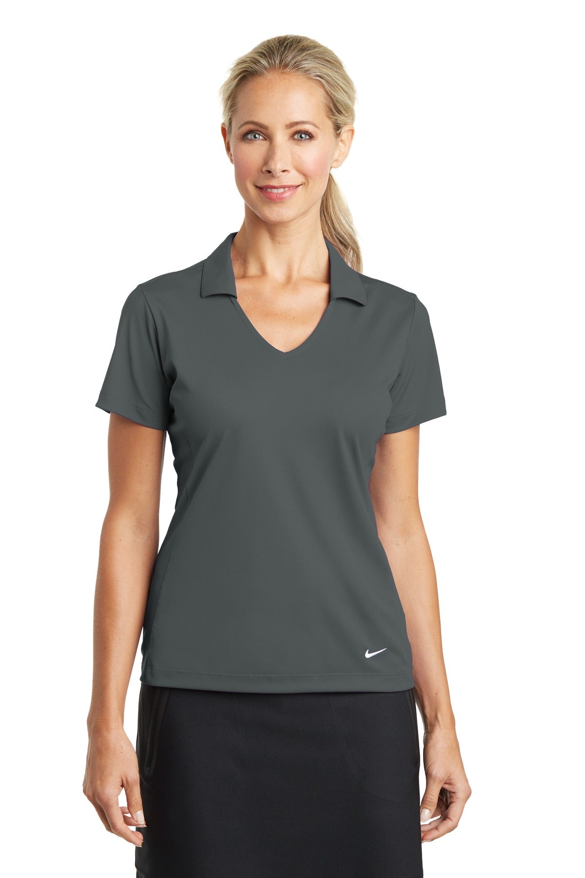 Nike Women's Dri-FIT Vertical Mesh Polo in anthracite, front view showing breathable mesh fabric and polo collar.