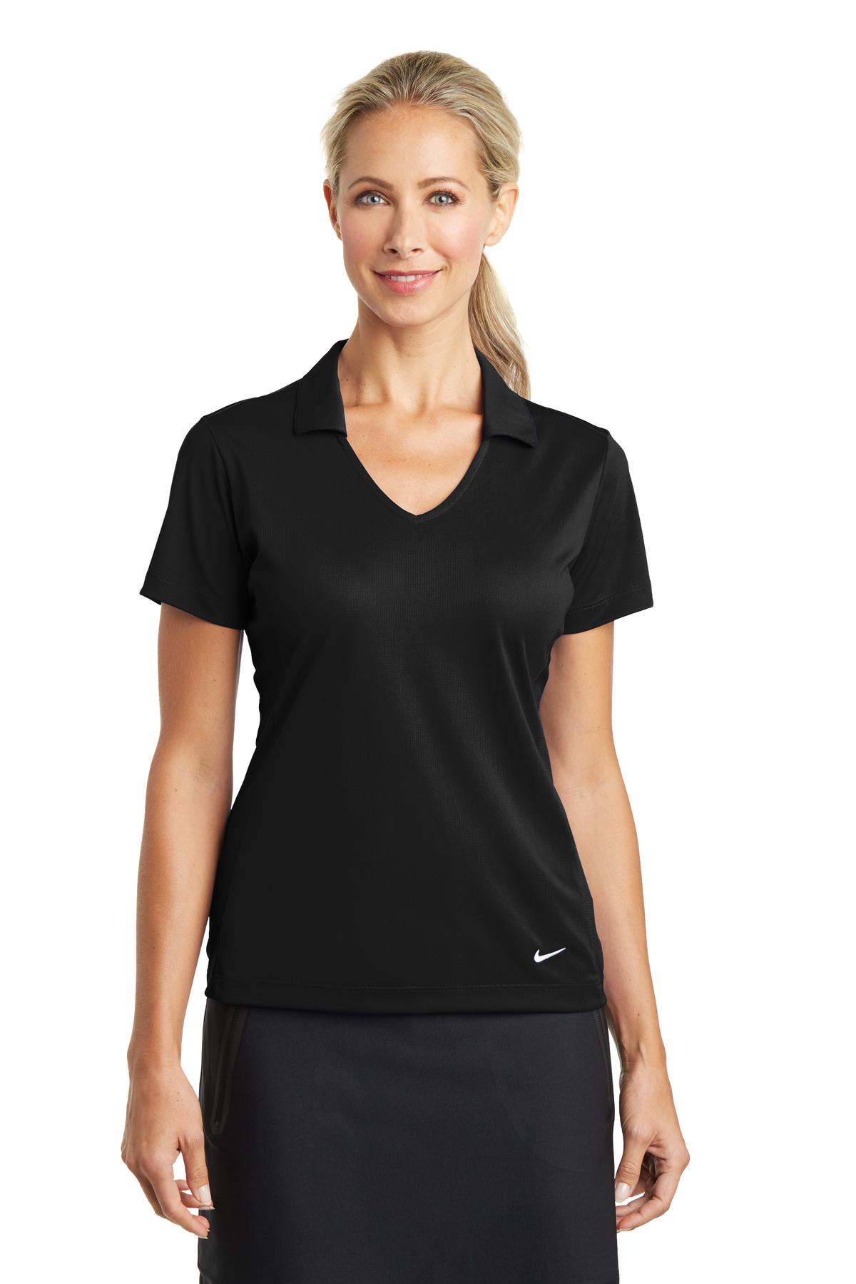 Black Nike Women's Dri-FIT Vertical Mesh Polo shirt worn by a model, front view showcasing lightweight athletic fabric.