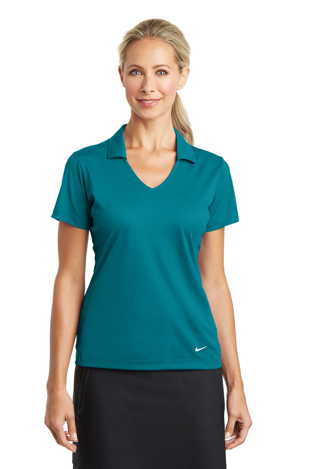 Nike Women's Dri-FIT Vertical Mesh Polo shirt worn by a model, showcasing the front view with vertical mesh design.