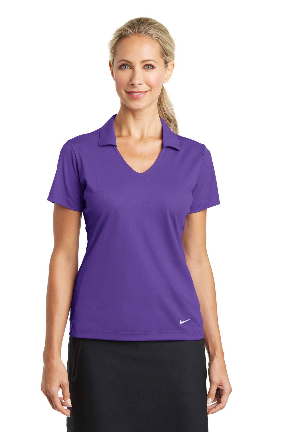 Nike Women's Dri-FIT Vertical Mesh Polo in court purple, front view showing breathable mesh fabric and classic polo design.