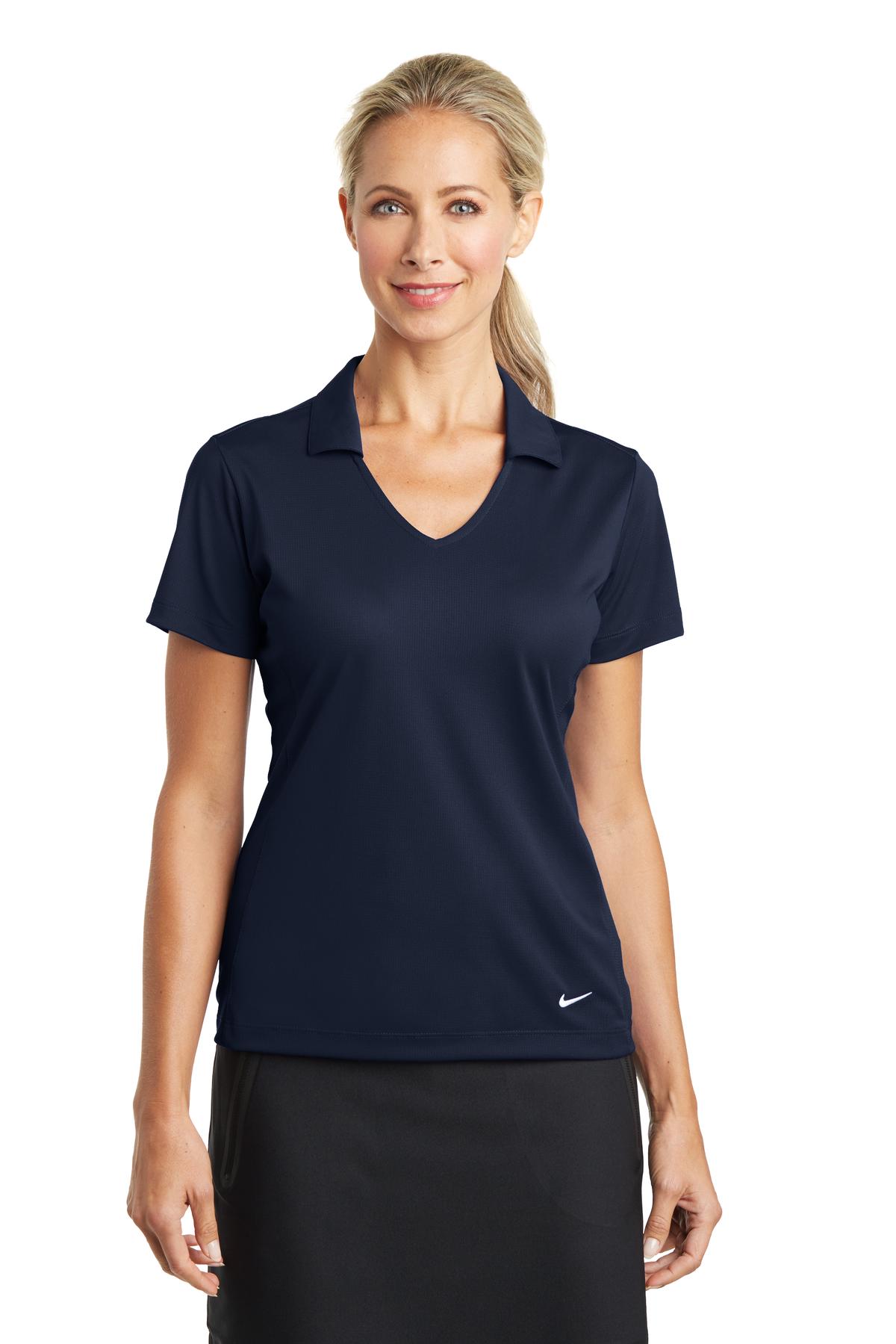 Nike Women's Dri-FIT Vertical Mesh Polo in marine color, front view showing breathable mesh fabric and classic fit.