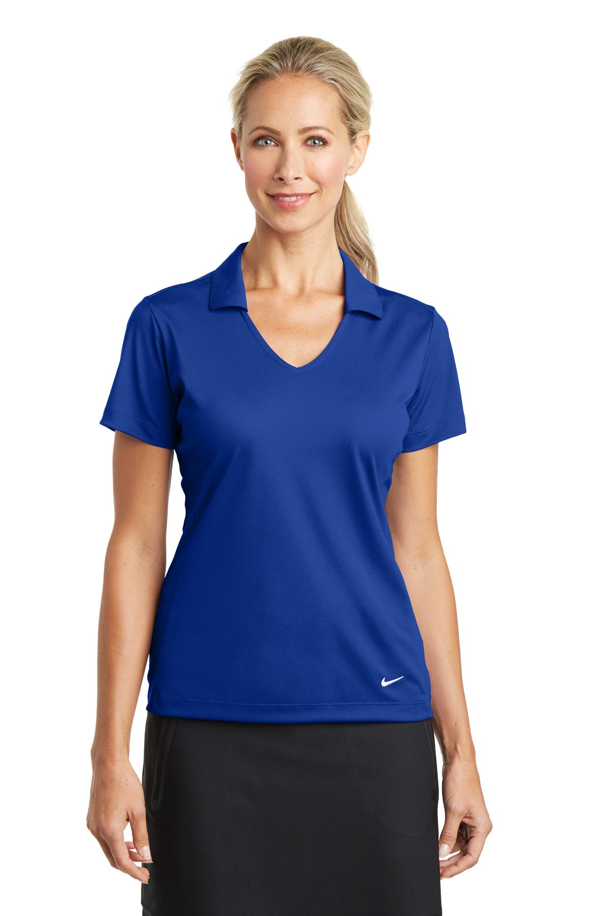 Nike Women's Dri-FIT Vertical Mesh Polo in old royal color, front view showing breathable mesh fabric and athletic fit.