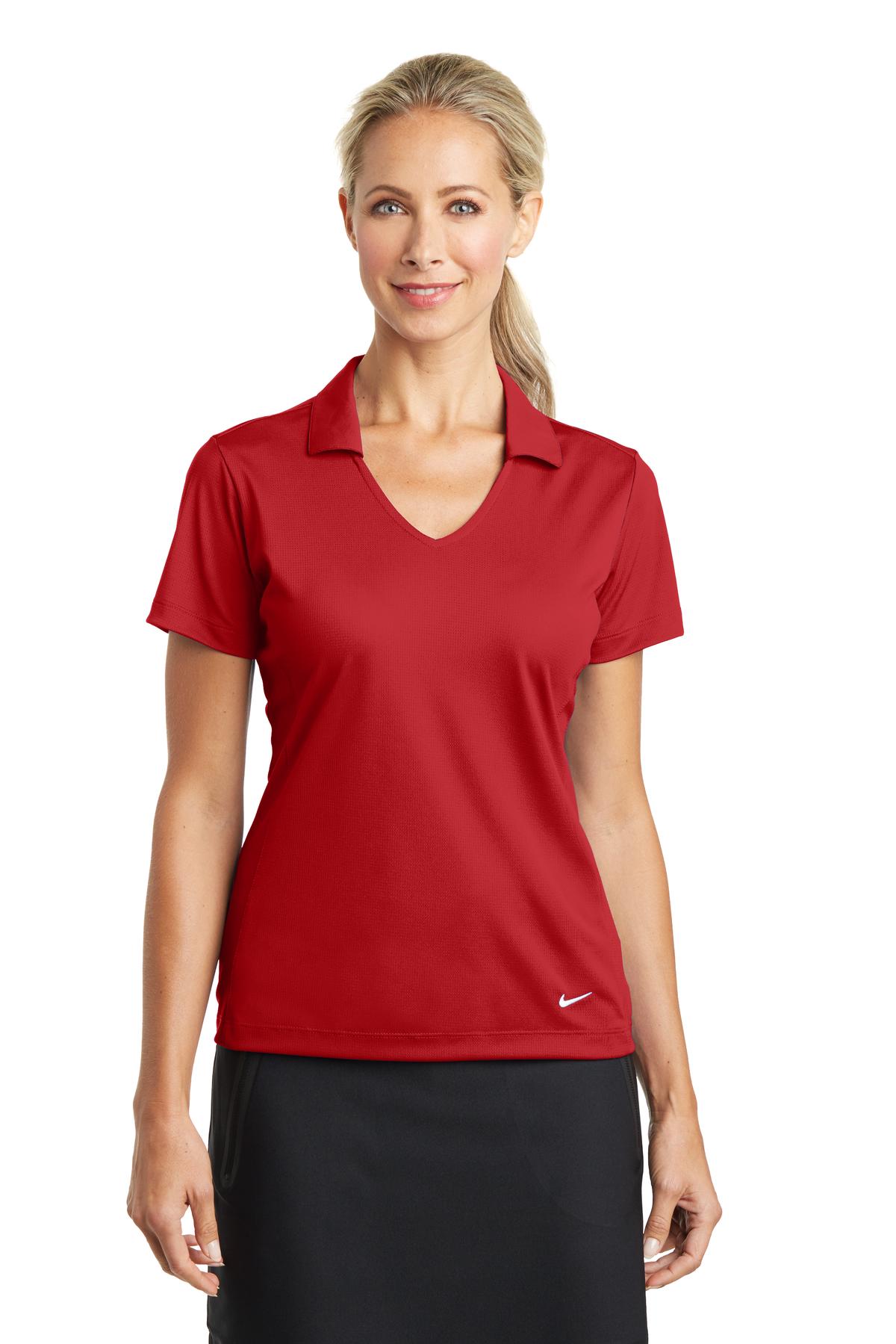 Nike Women's Dri-FIT Vertical Mesh Polo in university red, front view showing breathable mesh fabric and classic polo design.