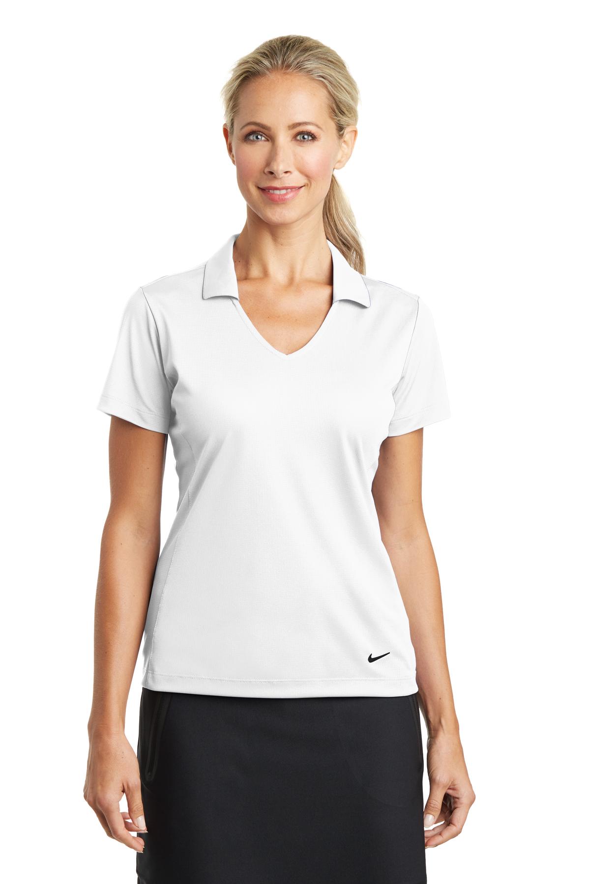White Nike Women's Dri-FIT Vertical Mesh Polo shirt displayed on a model, front view highlighting breathable fabric and sleek design.