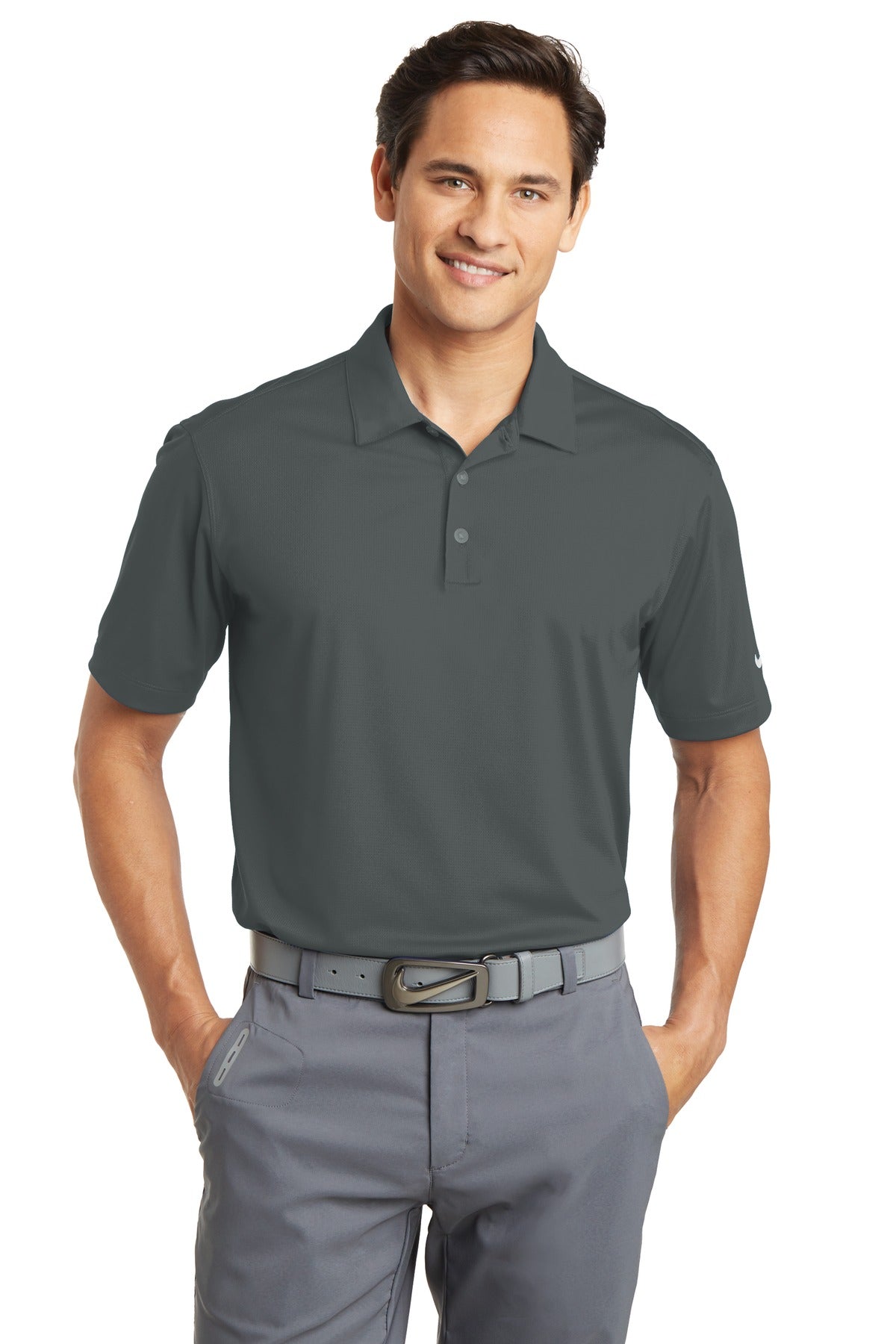 Nike Dri-FIT Vertical Mesh Polo in anthracite, front view showing breathable fabric and athletic fit.