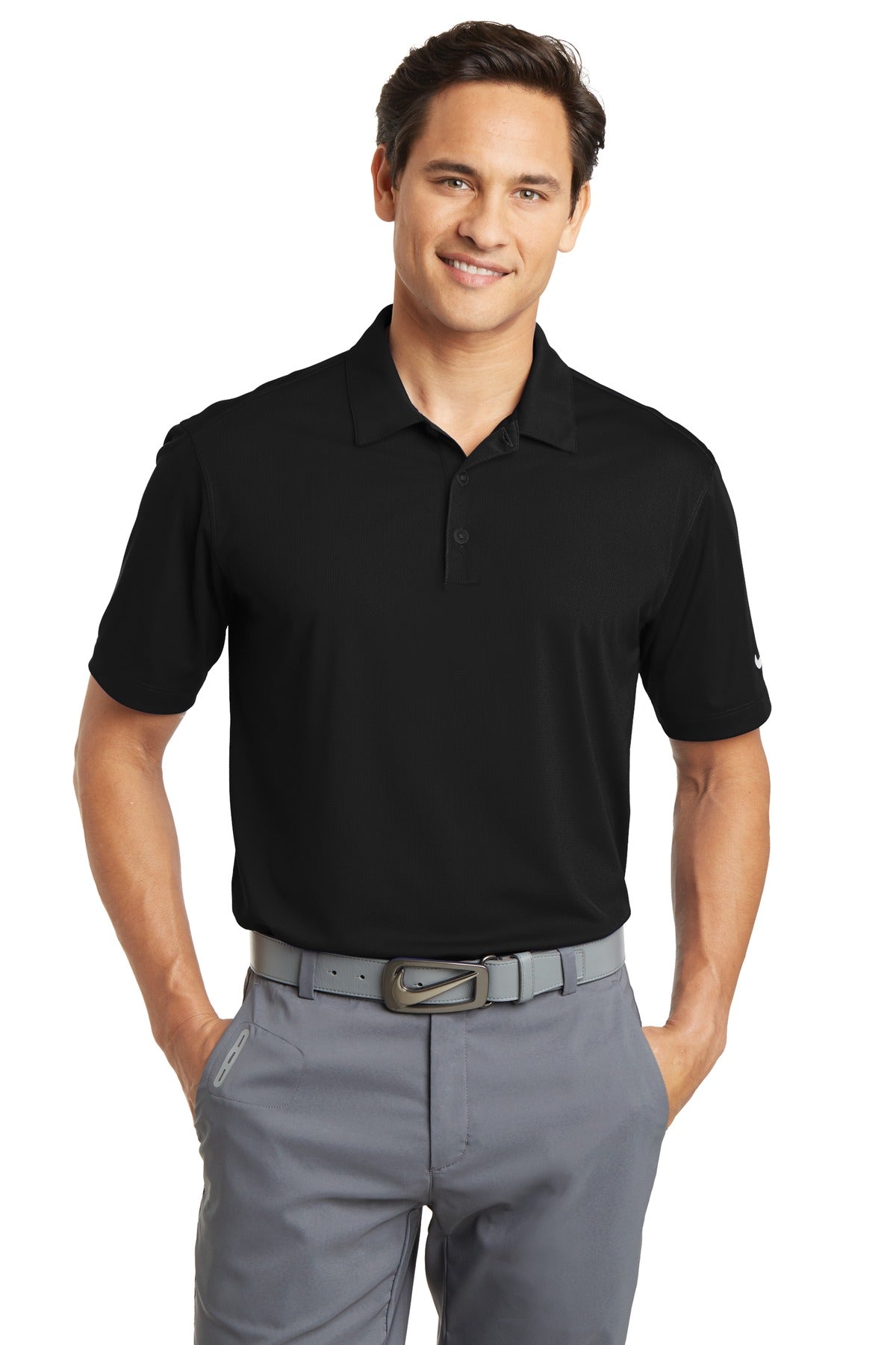 Black Nike Dri-FIT Vertical Mesh Polo shirt shown from the front on a model, highlighting breathable athletic design.