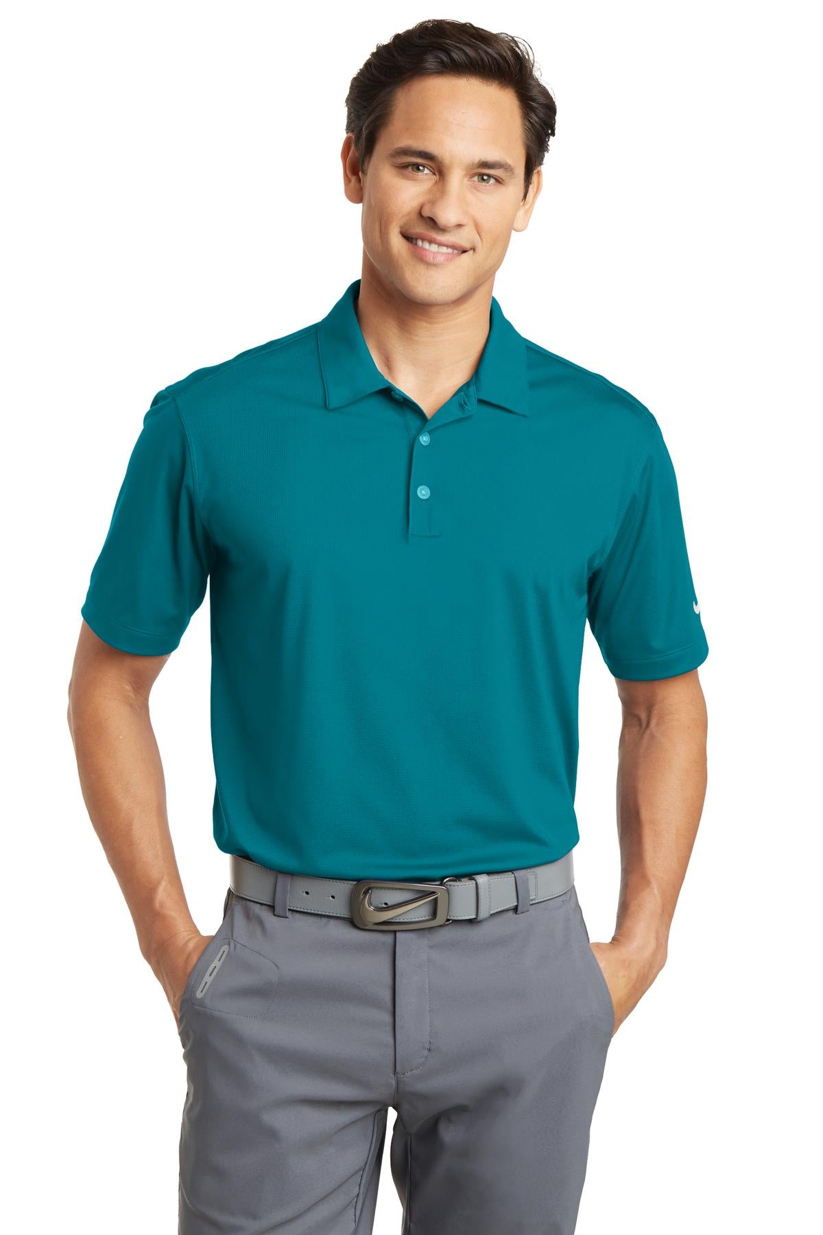 Nike Dri-FIT vertical mesh polo shirt in blue, featuring a classic fit and breathable fabric, worn by a model facing forward.