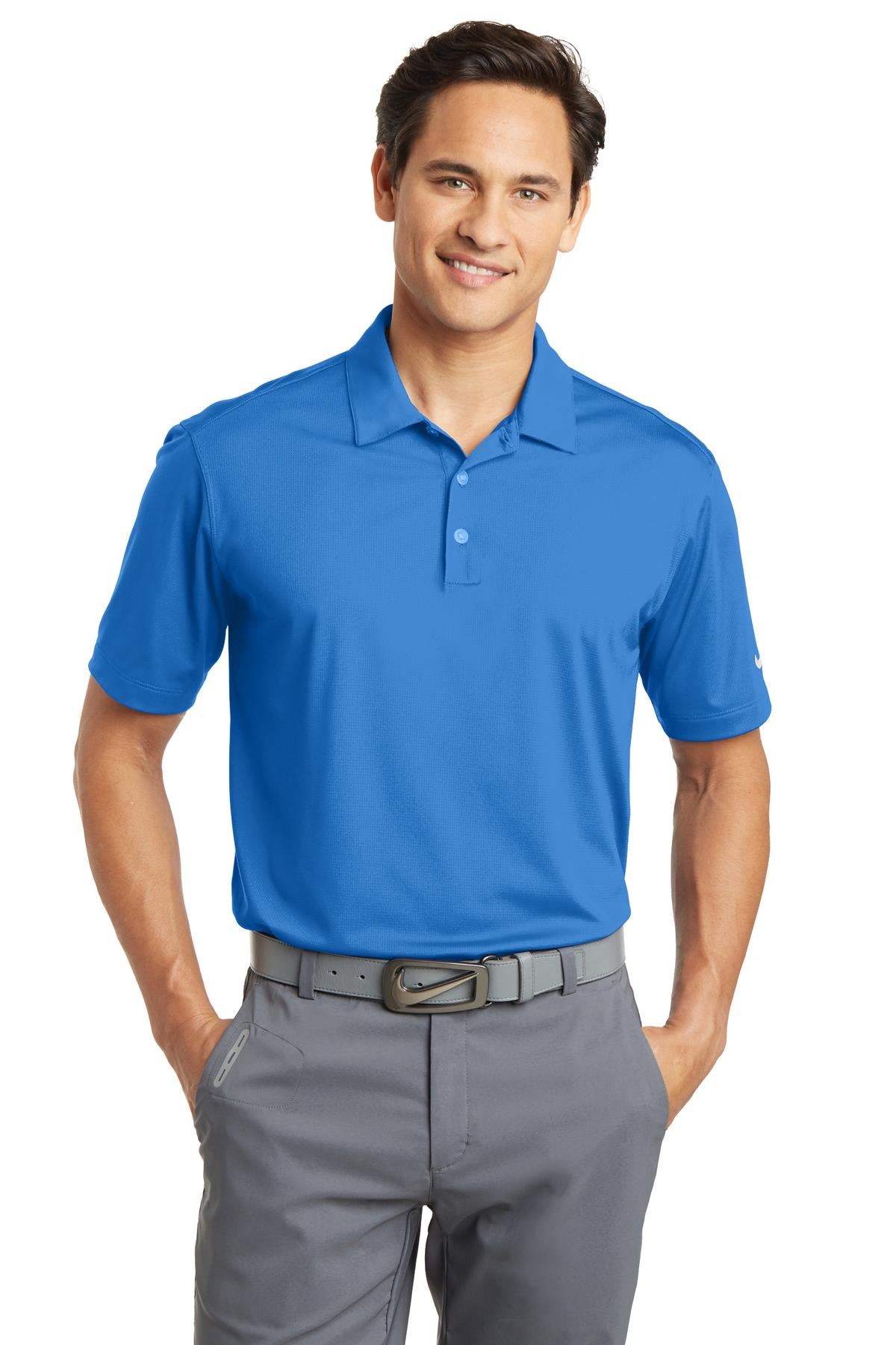Nike Dri-FIT Vertical Mesh Polo shirt in brisk blue, shown front view on male model, breathable athletic polo for men.