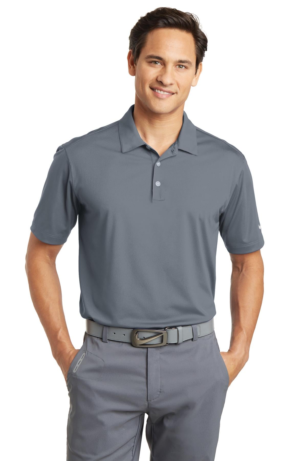 Nike Dri-FIT vertical mesh polo shirt in cool grey, front view showing breathable fabric and classic polo collar.