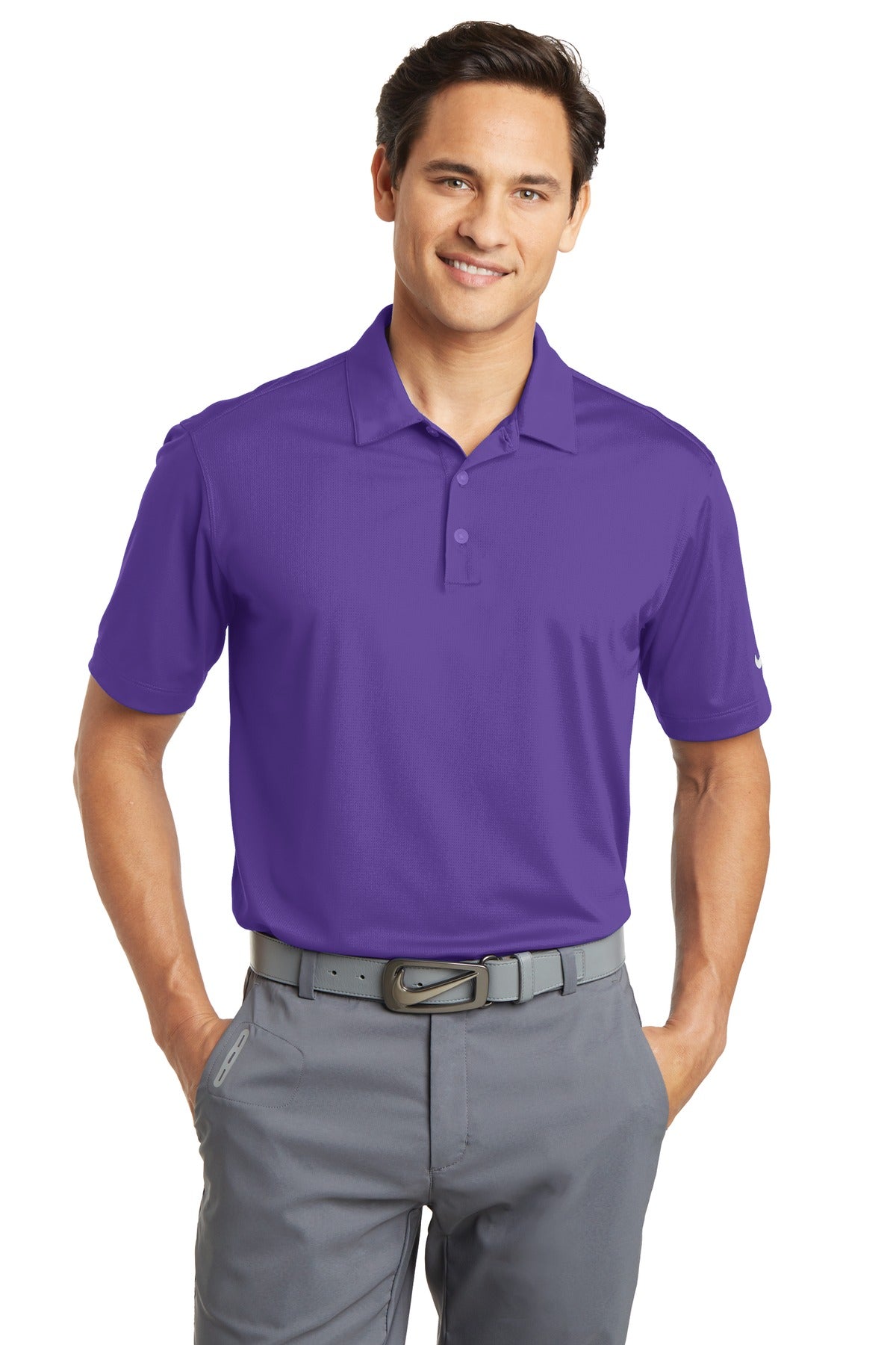 Nike Dri-FIT vertical mesh polo shirt in court purple, front view showing lightweight, breathable fabric and classic fit.