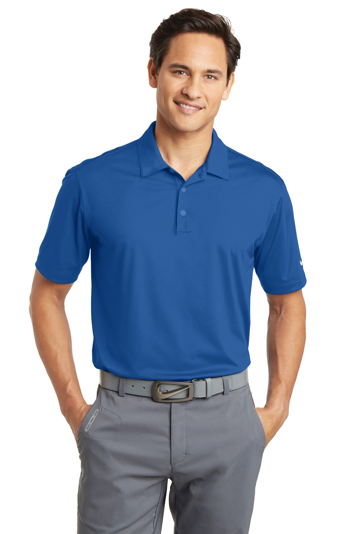 Nike Dri-FIT Vertical Mesh Polo shirt in blue, front view showing lightweight fabric and athletic fit for active wear.