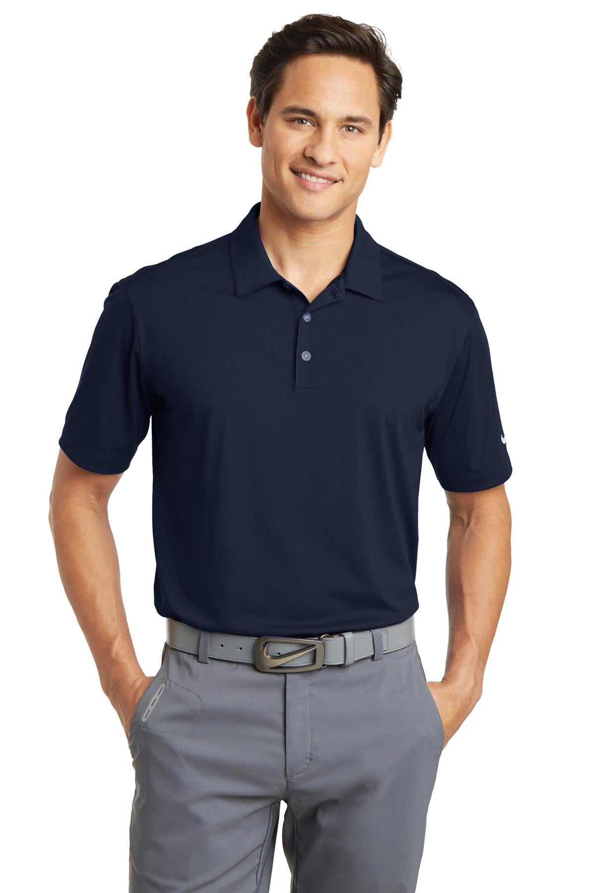 Nike Dri-FIT vertical mesh polo shirt in marine color, front view showing breathable fabric and classic polo design.