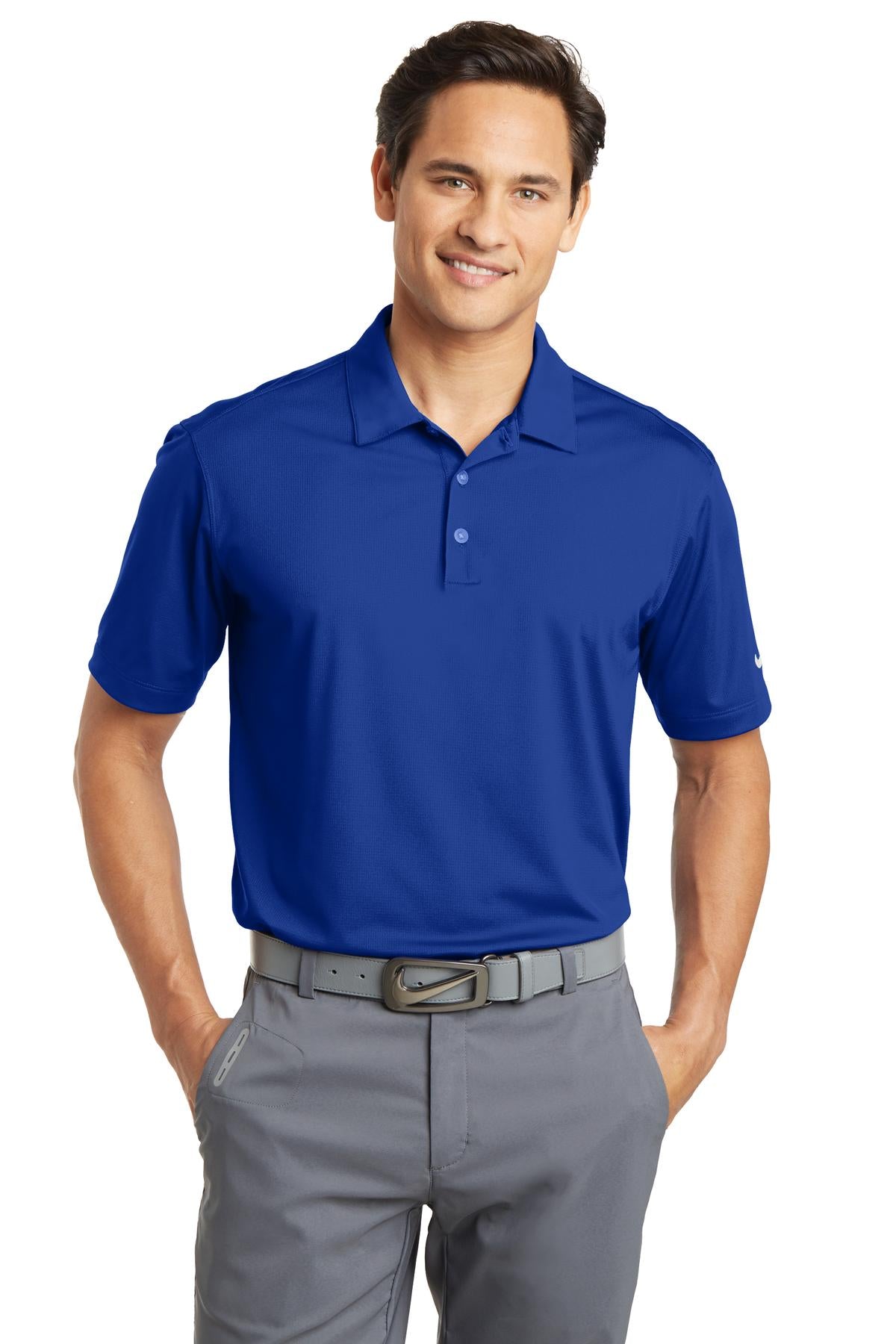 Nike Dri-FIT vertical mesh polo shirt in old royal color, front view showing breathable fabric and classic polo design.