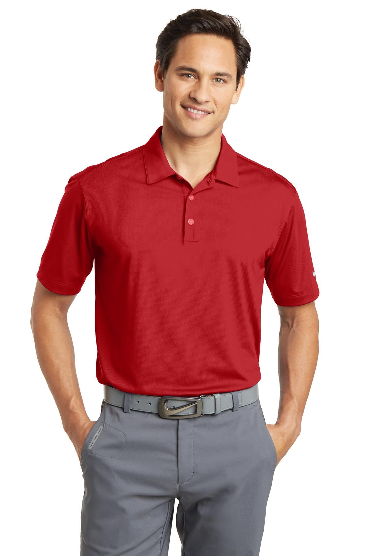 Nike Dri-FIT Vertical Mesh Polo in university red, front view showing breathable mesh fabric and classic polo design.