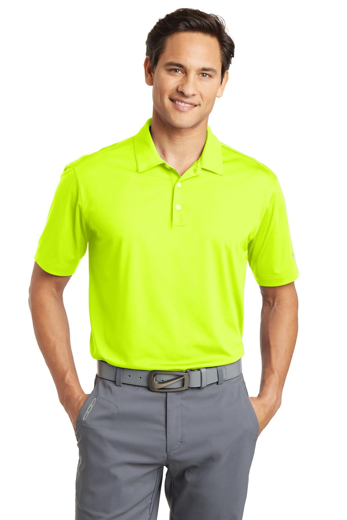Nike Dri-FIT vertical mesh polo shirt in volt green, front view showing breathable fabric and classic polo collar.