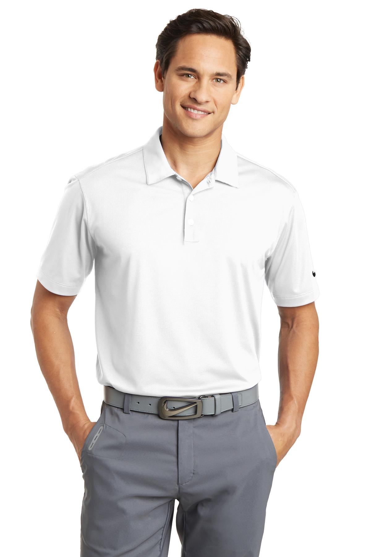 White Nike Dri-FIT Vertical Mesh Polo shirt worn by a model, showing front view and breathable mesh fabric.