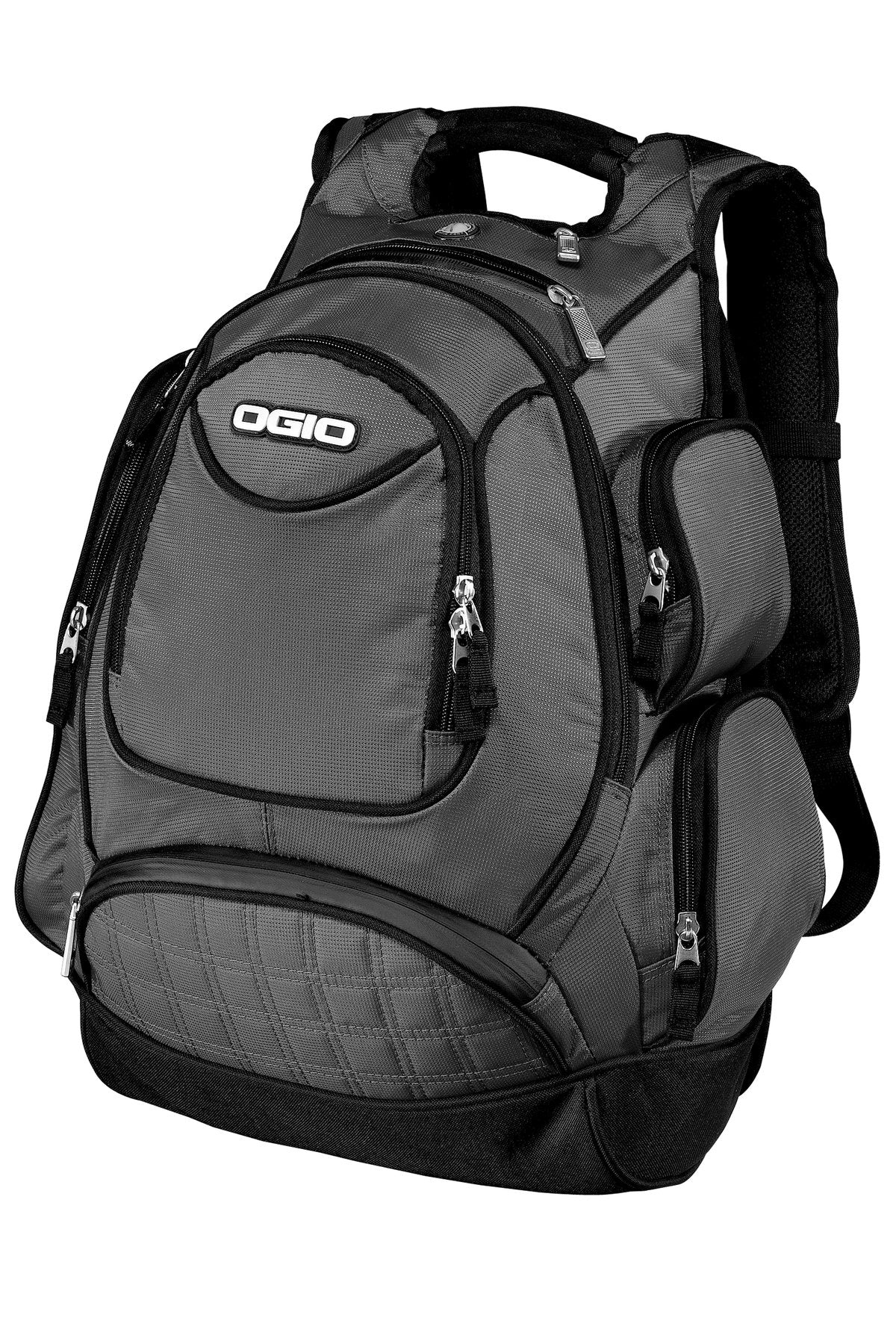 OGIO Metro Pack in petrol color, front view showing multiple compartments and padded shoulder straps for comfortable carrying.