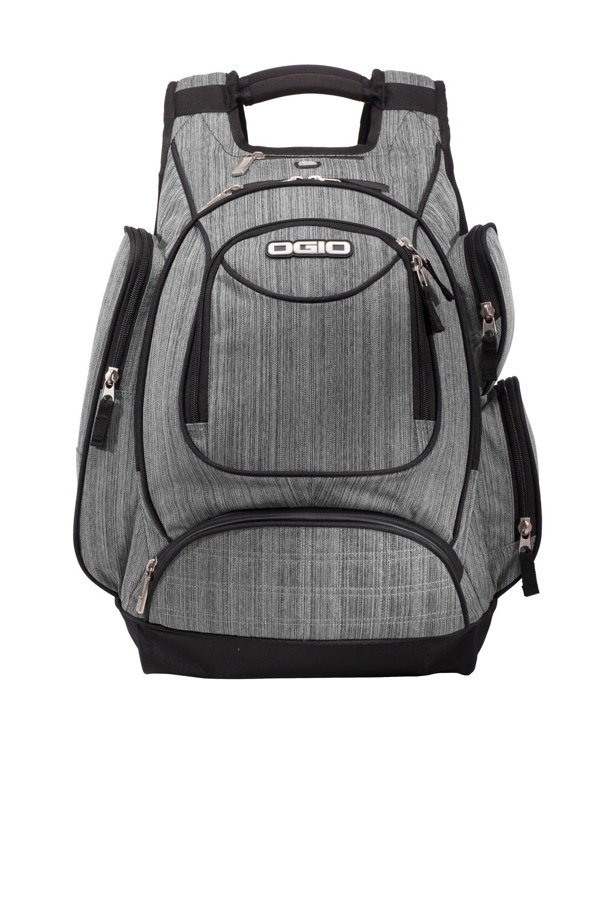 OGIO Metro Pack backpack with front noise-canceling pocket and multiple compartments, black color, shown from front view.