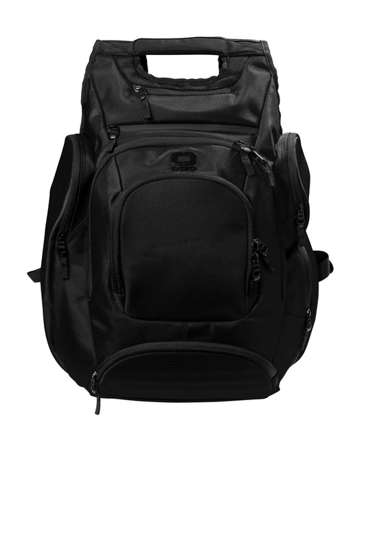 OGIO Metro Ballistic Pack in black with flat front design, featuring multiple compartments and padded shoulder straps for durability and comfort.