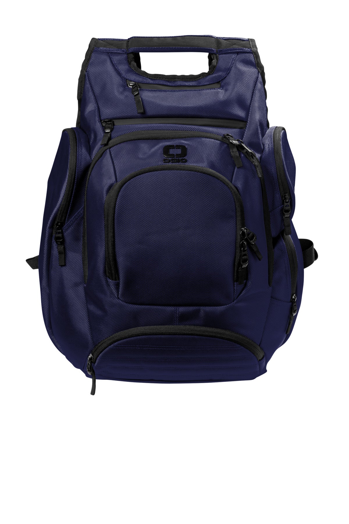 OGIO Metro Ballistic Pack in navy with flat front, featuring multiple compartments and padded shoulder straps for comfortable carrying.