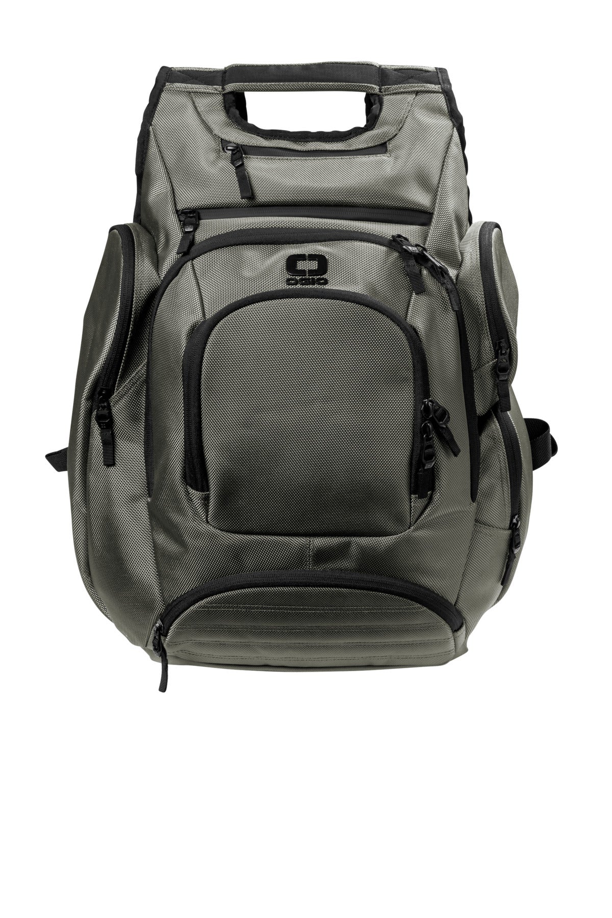 OGIO Metro Ballistic Pack 711107 in rogue grey with a flat front view, showcasing its durable ballistic fabric and modern design.